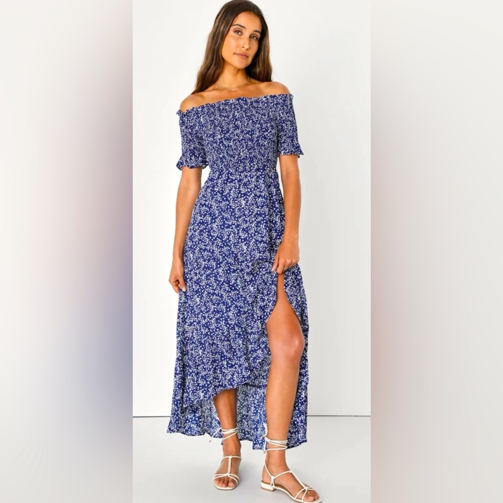Lulu’s Fleur-tation Navy Blue Floral Print Off-the-Shoulder Midi Dress